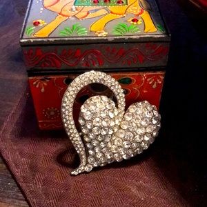 Heart-Shaped Silver-Tone Brooch w CZ Accents